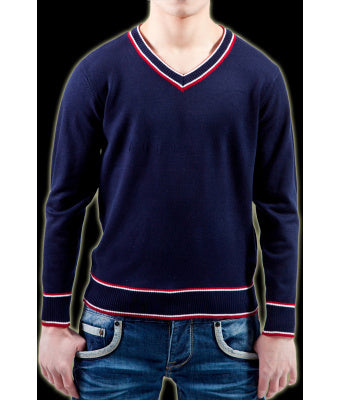 PULL EN MAILLE JERSEY BLEU/ROUGE