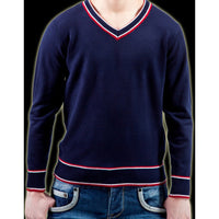 PULL EN MAILLE JERSEY BLEU/ROUGE