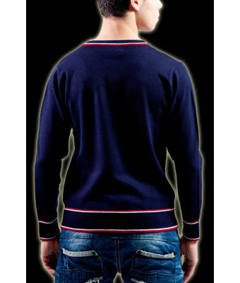 PULL EN MAILLE JERSEY BLEU/ROUGE