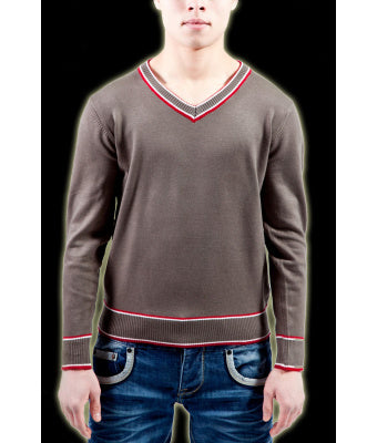 PULL EN MAILLE JERSEY VERT GRIS/ROUGE
